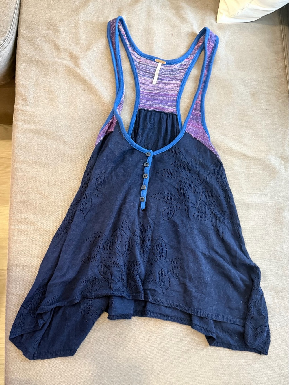 Free People Navy Blue Racerback Tank with Purple Accent